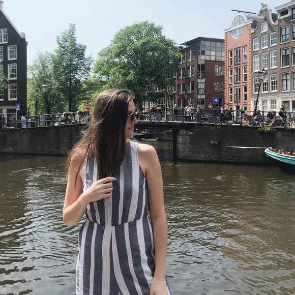 Blue and White Wide Leg Jumpsuit - Picture 6 of 7